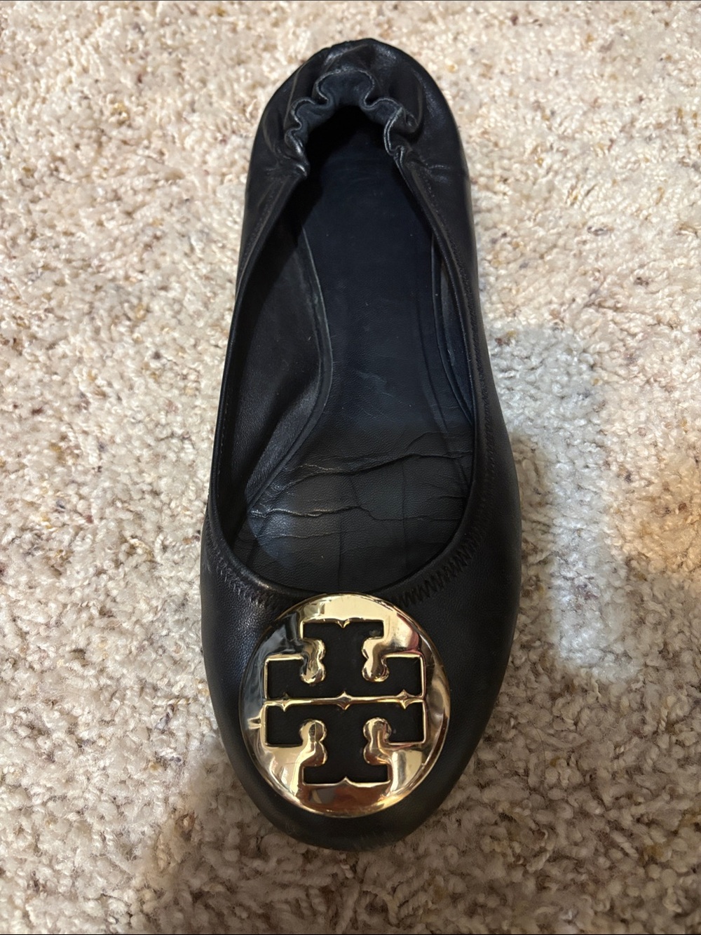 Tory Burch Black Leather Logo Ballet Flat with Gold Medallion